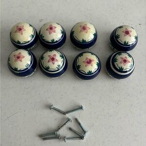 Floral Blue and white Round shape Hand painted ceramic knob, drawer pull (8)